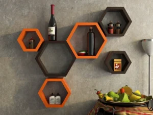 Hexagonal Shape Wood Floating Wall Mounted Shelf-orange-black