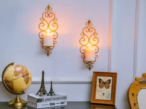 Candle Sconces Wall Decor Set of 2 Decorative Gold Wall Mounted Candle Holder for Pillar Candles Hanging Metal Wall Decorations for Living Room Bedroom