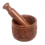 Wooden Carved Round Mortar and Pestle | Grinder for Herbs, Spices and Kitchen Usage, Natural Mango Wood | Handmade Mortar and Pestle | kharal | Okhli for Kitchen | Mortal & Pestle Set