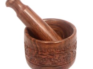 Wooden Carved Round Mortar and Pestle | Grinder for Herbs, Spices and Kitchen Usage, Natural Mango Wood | Handmade Mortar and Pestle | kharal | Okhli for Kitchen | Mortal & Pestle Set